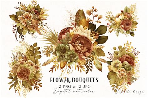 Autumn Watercolor Flower Bouquets By Vasmila Design Thehungryjpeg