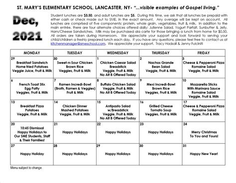 Lunch Menu | St. Mary's Elementary School - Lancaster, NY