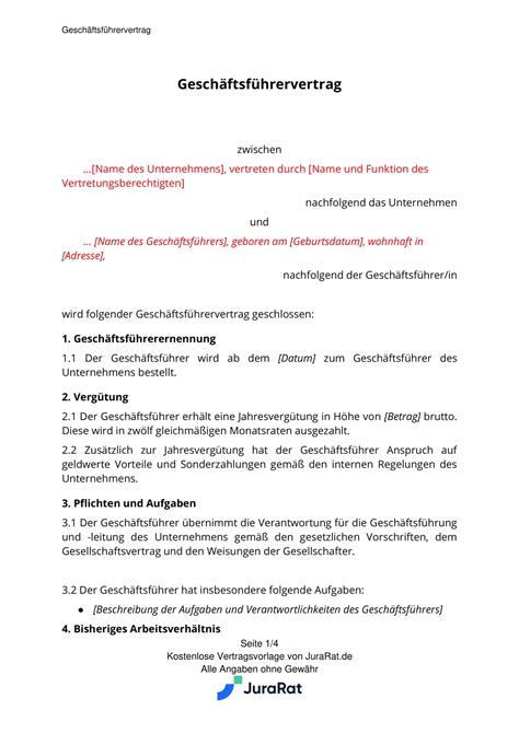 Geschäftsführervertrag Muster PDF und Word Vorlage 2024