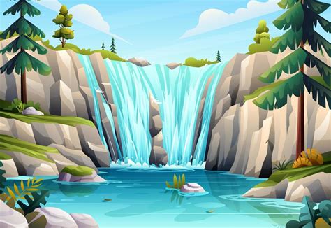 Beautiful waterfall scenery in forest landscape vector illustration ...