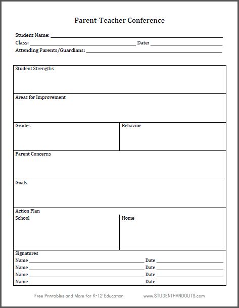 Parent Teacher Conference Sheet