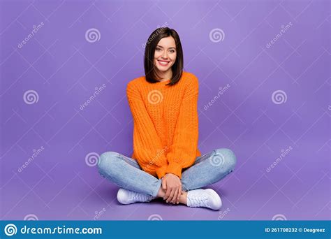 Full Size Photo Of Gorgeous Young Girl Sitting Floor Crossed Legs