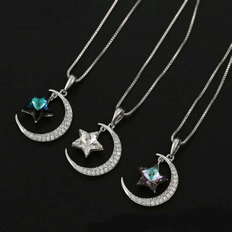 Moon And Star Necklace Pendant With Crystal Crystals Purple White Gold