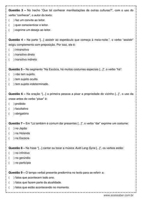 Atividade de português Verbos 9º ano Acessaber