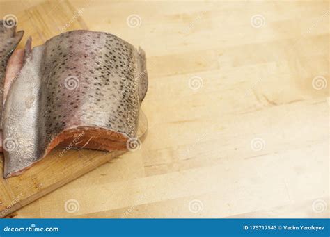 Pieces Of Fresh Trout Fish On A Wooden Surface Stock Image Image Of