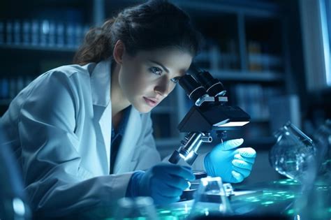 Premium Photo A Woman In A Lab Coat Examining A Specimen Through A Microscope