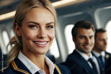 Portrait Of A Beautiful Stewardess Girl Flight Attendants On The Plane