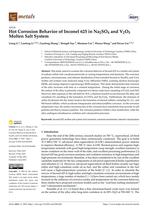 Pdf Hot Corrosion Behavior Of Inconel 625 In Na2so4 And V2o5 Molten