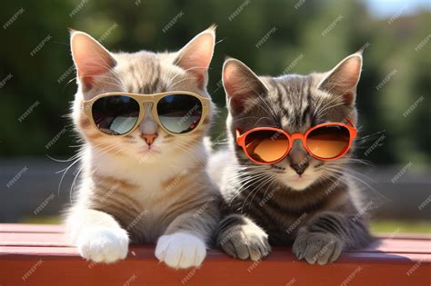 Two Cats Wearing Sunglasses Sit On A Ledge Premium Ai Generated Image