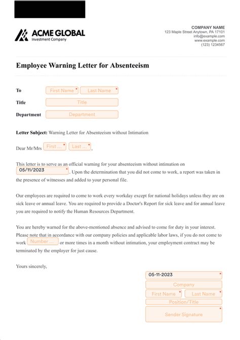 Employee Warning Letter Template For Absenteeism Sign Templates Jotform