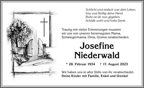 Traueranzeigen Von Josefine Niederwald Augsburger Allgemeine Zeitung