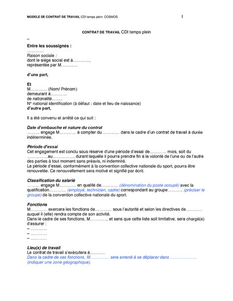 Modele De Contrat De Travail Cdi Temps Plein Doc Pdf Page Sur