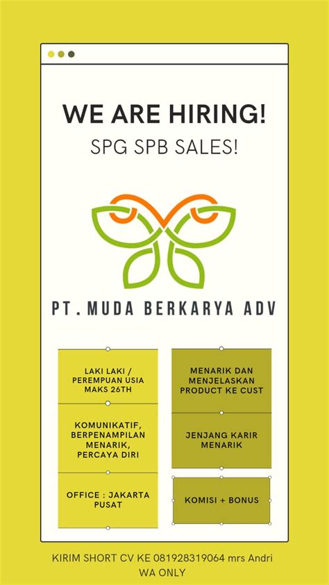 Lowongan Kerja SPG Sales SPB Sales Di PT Muda Berkarya Adv