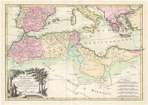 1762 Bonne Map of the Mediterranean and the Maghreb or Barbary Coast ...