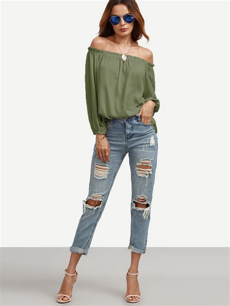 Ruffle Off Shoulder Lantern Sleeve Top SheIn Sheinside