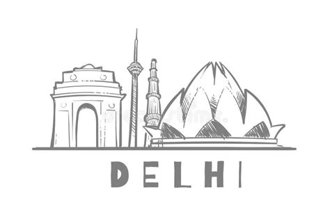 Delhi Cityscape Landmarks Sketch Hand Drawn Vector Illustration Stock