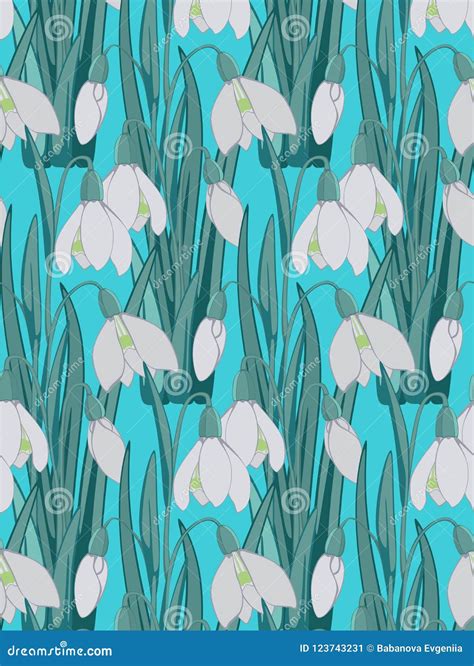 Seamless Pattern Of White Snowdrops With Green Cold Leaves Vector