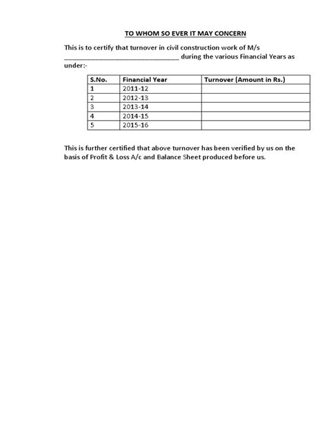 Turnover Certificate Pdf