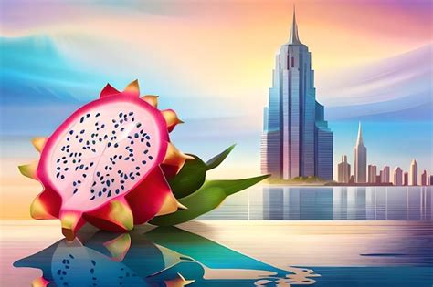 Premium Ai Image A Drawing Of A Watermelon With The City In The Background