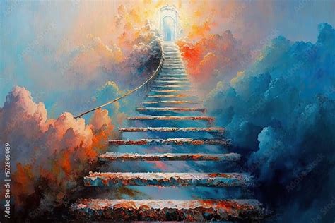 stairway to heaven. Stairs to the sky. Abstract impressionist oil painting to the pearly gates ...