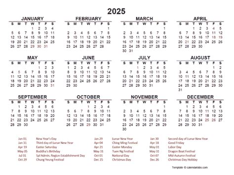 2025 Year At A Glance Calendar With Hong Kong Holidays Free Printable