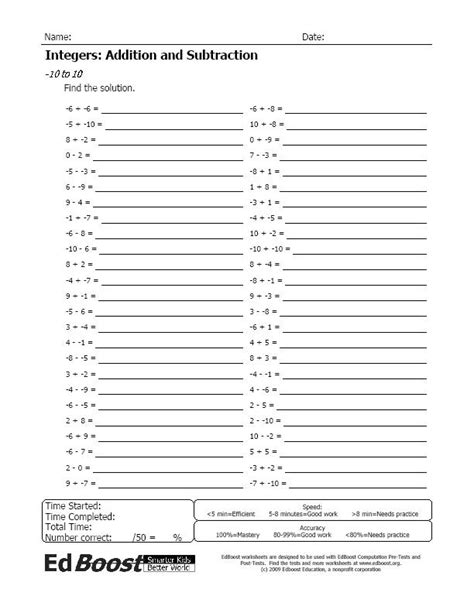 Subtracting Integers 10 To 10 Edboost Worksheets Library