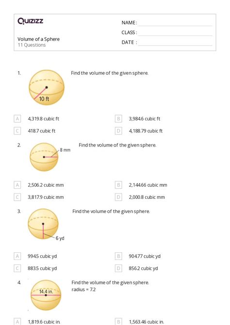 Volume Of A Sphere Worksheets For Th Grade On Quizizz Free