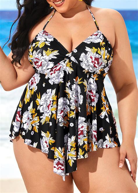 Asymmetric Hem Floral Print Plus Size Swimdress And Panty Usd 3677