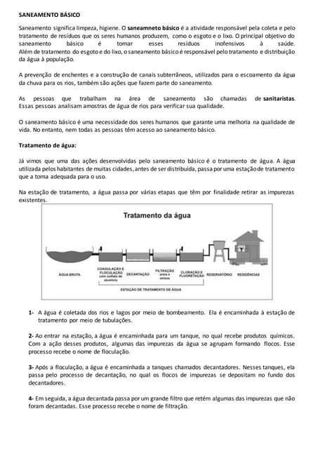 Saneamento Basico Atividade - Atividade de Ciência - Saneamento básico texto e atividade | PDF