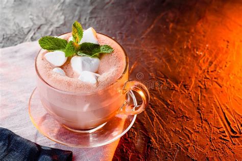 Hot Chocolate With Marshmallows In A Glass Cup With Mint Cocoa Stock Image Image Of Color