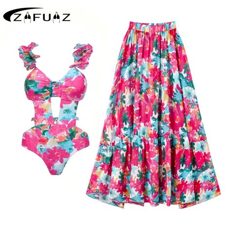 Zafuaz Floral Print Ruffle Bikini Swimsuit Woman One Piece Suit