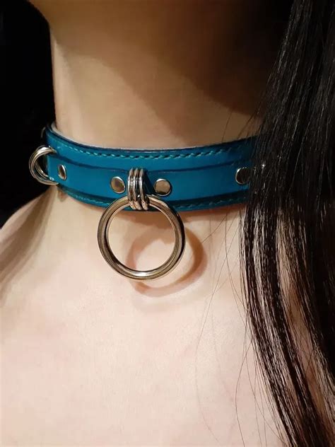 Turquoise leather submissive bdsm collar Lockable slave collar with