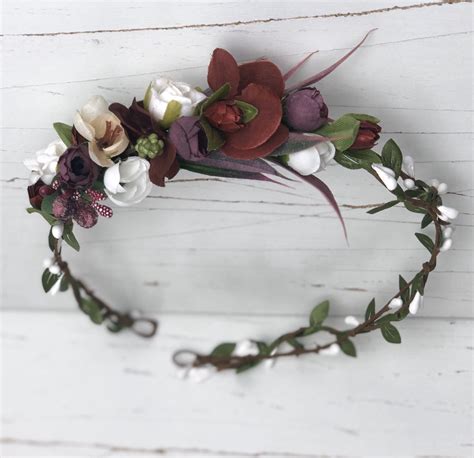 Burgundy White Flower Crown Maroon Headpiece Wedding Headband Etsy Bridal Floral Crown