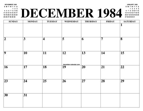 December 1984 Calendar Of The Month Free Printable December Calendar