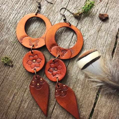 Tooled Leather Long Layered Butterfly Circle Earrings With Etsy Leather Jewelry Making