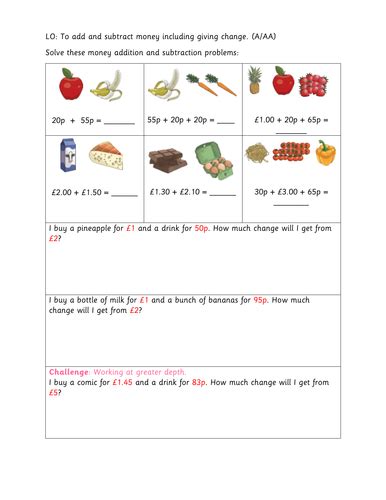 Year 3 To Add And Subtract Money Including Giving Change Teaching