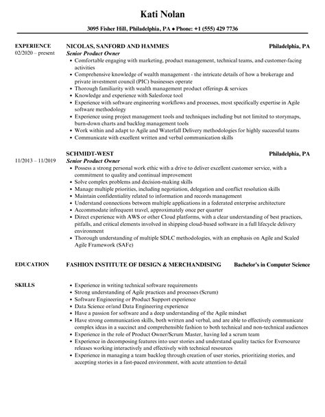 Senior Product Owner Resume Samples Velvet Jobs