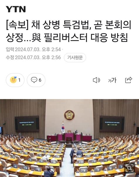 속보 채 상병 특검법 곧 본회의 상정與 필리버스터 대응 방침 정치시사 에펨코리아