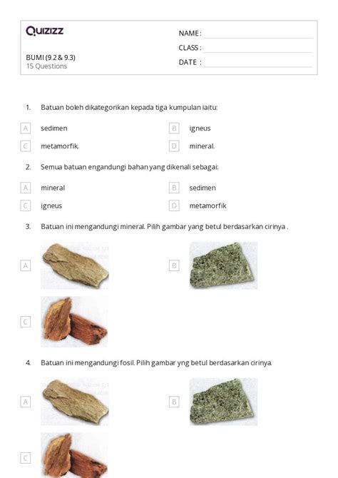 Lembar Kerja Mineral Dan Batuan Untuk Kelas Di Quizizz Gratis