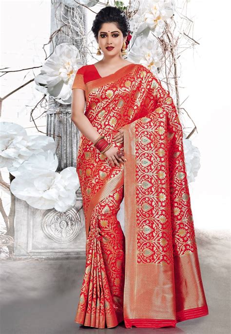 Buy Red Silk Saree With Blouse 165055 With Blouse Online At Lowest Price From Vast Collection Of