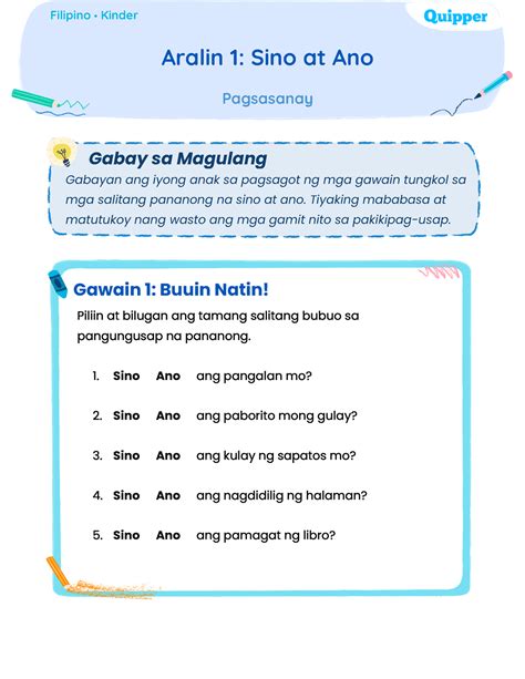 Filipino Q W Unit Salitang Pananong Filipino Kinder Aralin