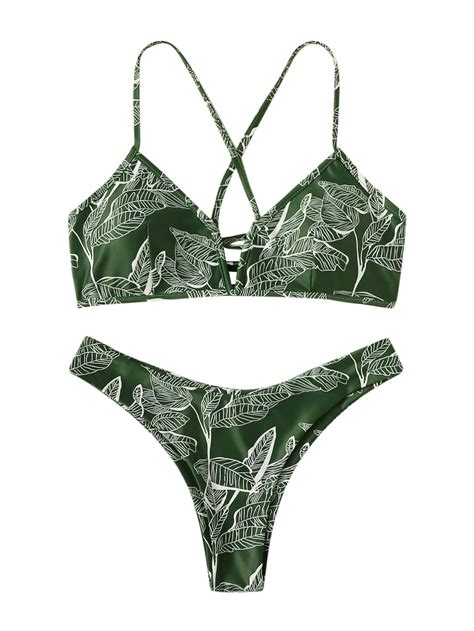 Soly Hux Womens Leaf Print Lace Up Top With High Cut Bikini Set 2