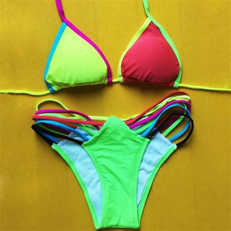 2015 Sexy Neon Bandage Bikini Bright Rainbow Color Multicolor Women