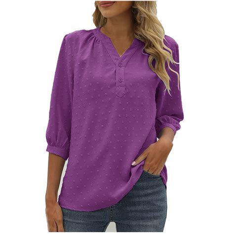 Chiffon Blouses For Women Dressy Casual Plain Color 3 4 Sleeve Shirts