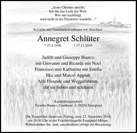 Traueranzeigen Von Annegret Schl Ter Trauer In Nrw De