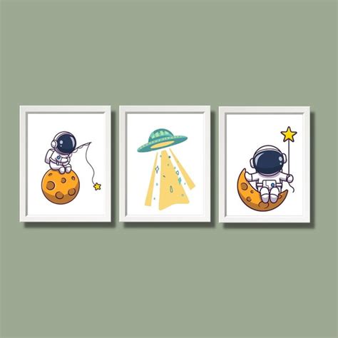 Kit 3 Quadros para Quarto de Menino Astronauta Espaço 33x43