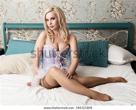 Sexy Beautiful Blonde Woman Corset Stockings Stock Photo