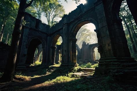 Mystical Ruins in Forest at Dawn | Premium AI-generated image