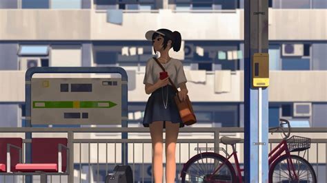 Anime Girl Waiting for the bus - backiee