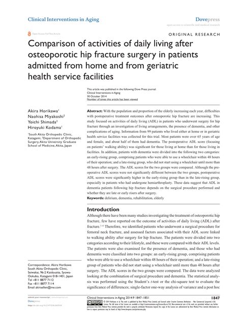 Pdf Comparison Of Activities Of Daily Living After Osteoporotic Hip Fracture Surgery In